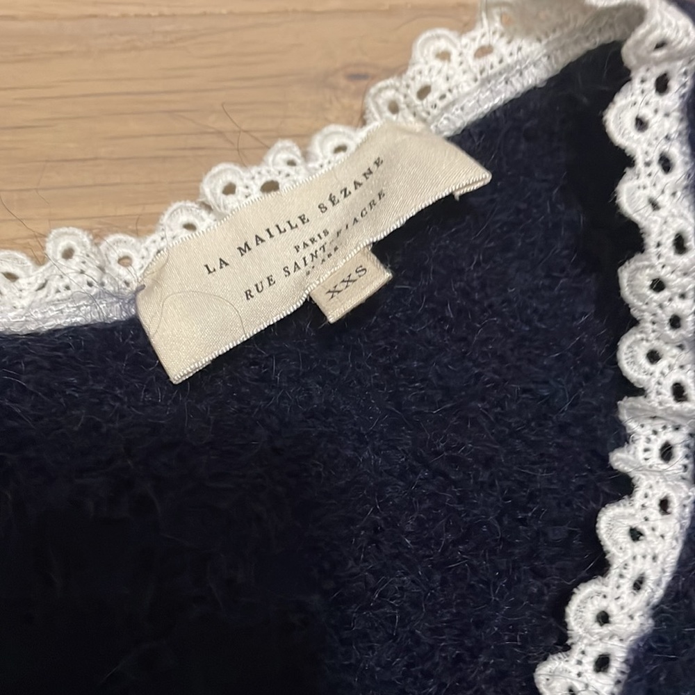 Sezane Navy and White Lace long Sleeve Sweater - Picture 3 of 8